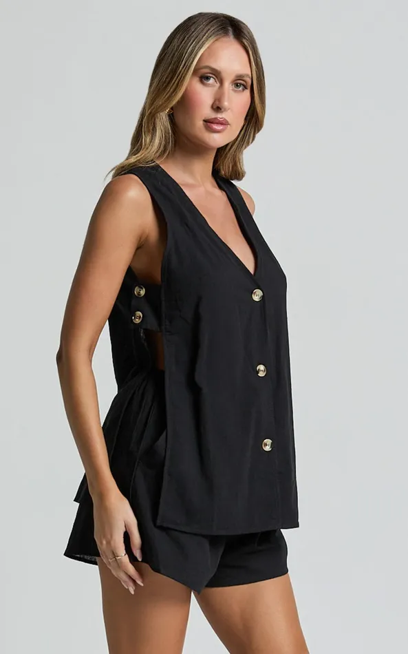 Showpo Devon Two Piece Set 8211 Open Side Detail Top and Short Linen Look Set In Black Women Two Piece Sets and Coords