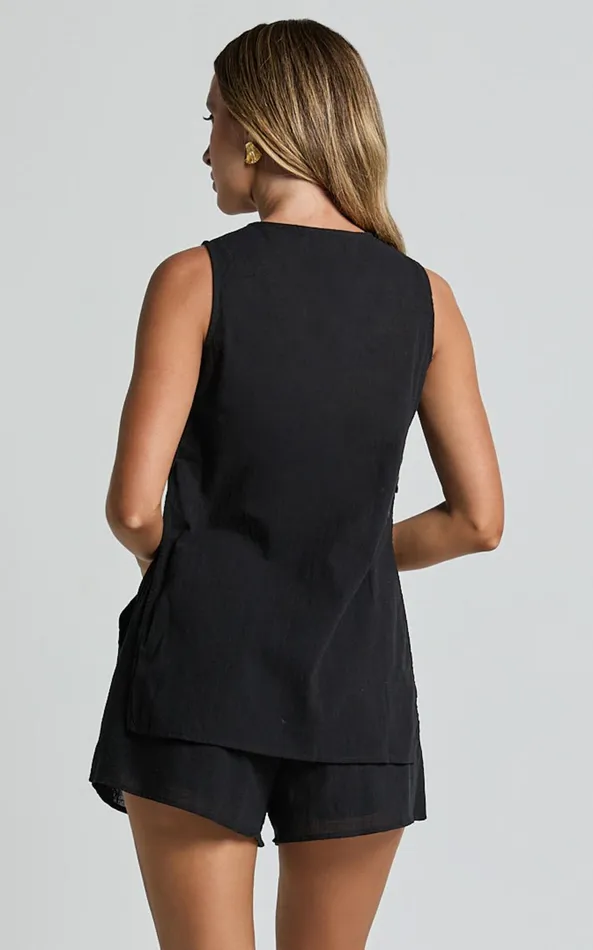 Showpo Devon Two Piece Set 8211 Open Side Detail Top and Short Linen Look Set In Black Women Two Piece Sets and Coords