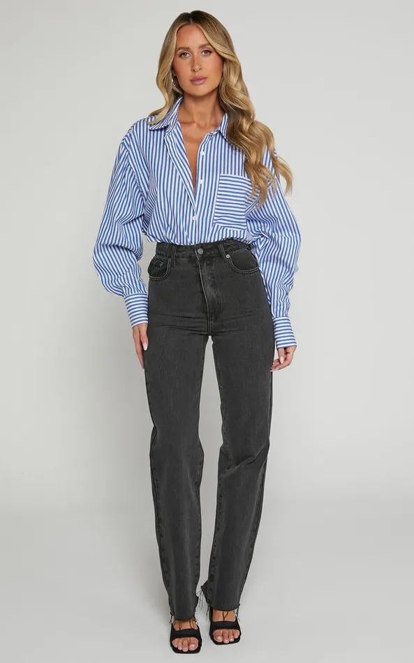 Showpo Dexter Jeans 8211 High Waisted Straight Leg Denim Jeans In Washed Black Women Curve Clothes