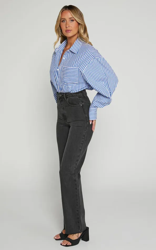 Showpo Dexter Jeans 8211 High Waisted Straight Leg Denim Jeans In Washed Black Women Curve Clothes