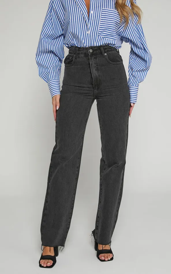 Showpo Dexter Jeans 8211 High Waisted Straight Leg Denim Jeans In Washed Black Women Curve Clothes