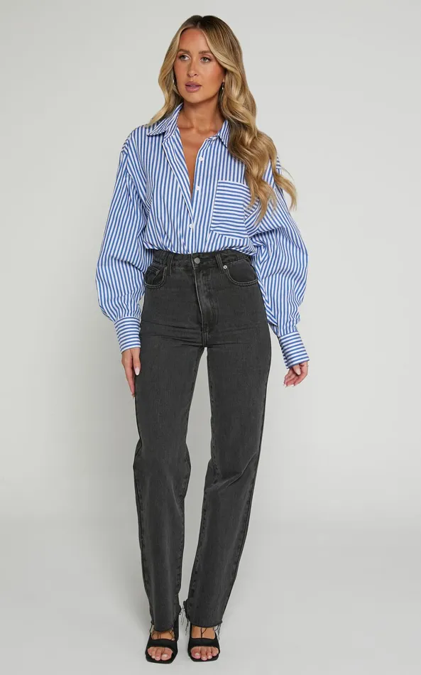 Showpo Dexter Jeans 8211 High Waisted Straight Leg Denim Jeans In Washed Black Women Curve Clothes