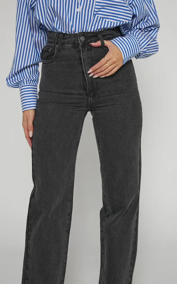 Showpo Dexter Jeans 8211 High Waisted Straight Leg Denim Jeans In Washed Black Women Curve Clothes