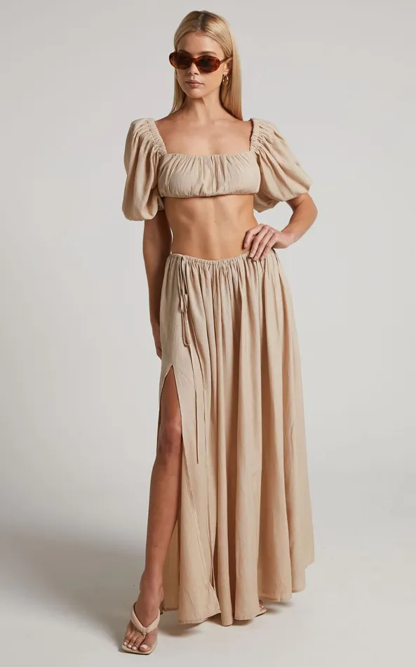 Showpo Dhalia Top 8211 Ruched Puff Sleeve Crop Top In Sand Women Curve Clothes