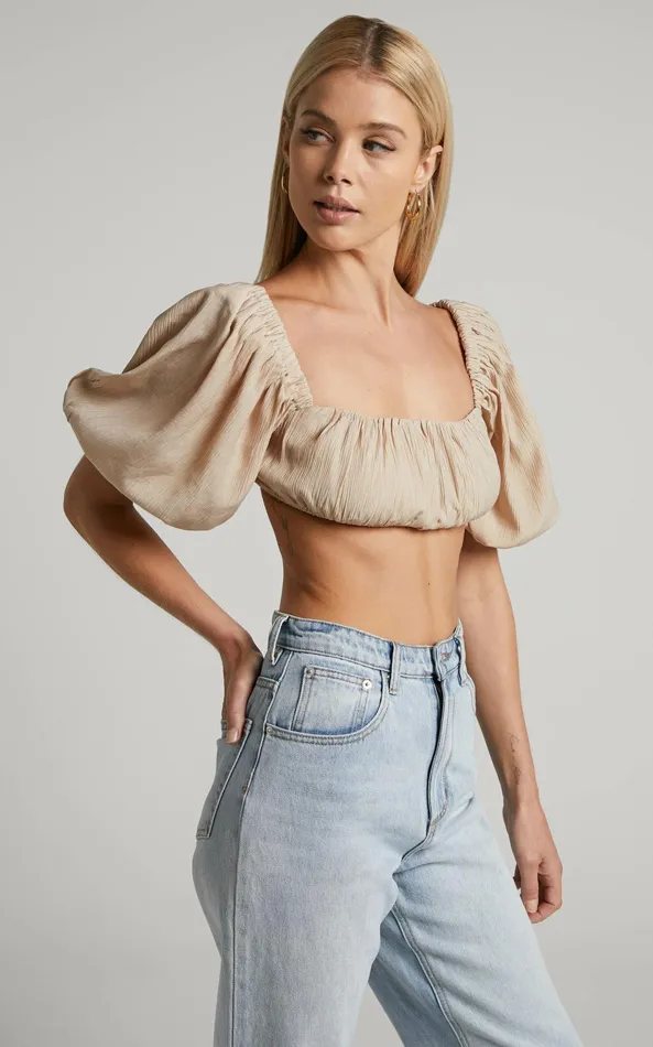 Showpo Dhalia Top 8211 Ruched Puff Sleeve Crop Top In Sand Women Curve Clothes