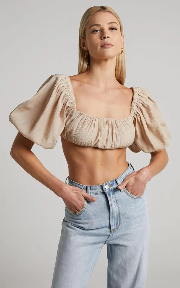 Showpo Dhalia Top 8211 Ruched Puff Sleeve Crop Top In Sand Women Curve Clothes