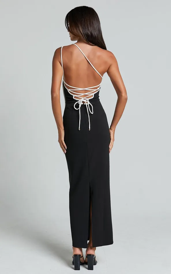 Showpo Diane Midi Dress 8211 One Shoulder Strap Back Split Slip Dress In Black Women Dresses
