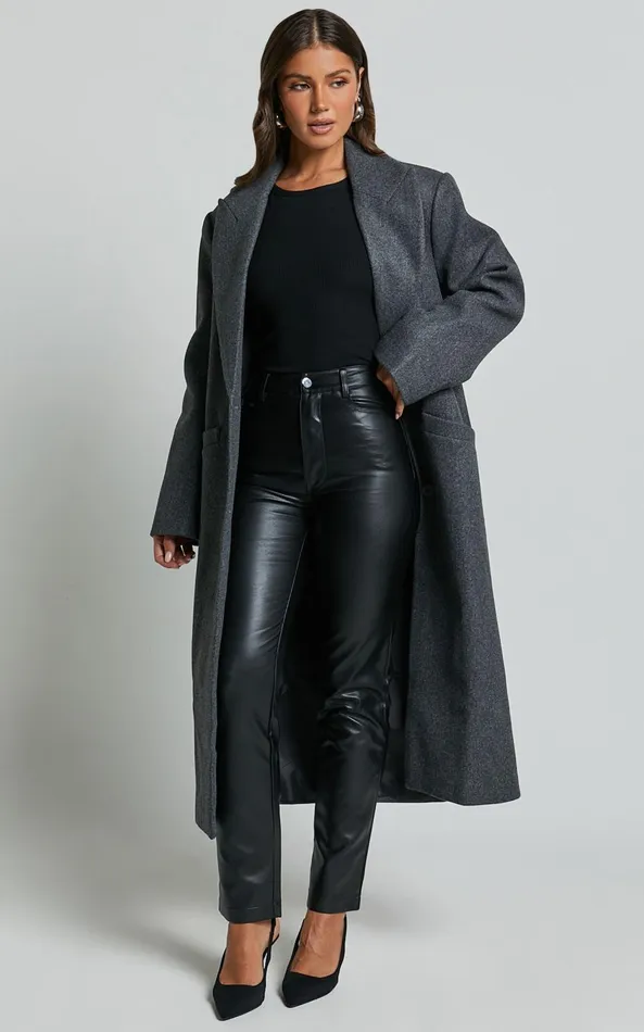 Showpo Dilyene Pants 8211 Mid Waist Straight Leg Faux Leather Pants In Black Women Curve Clothes
