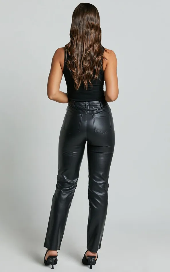 Showpo Dilyene Pants 8211 Mid Waist Straight Leg Faux Leather Pants In Black Women Curve Clothes