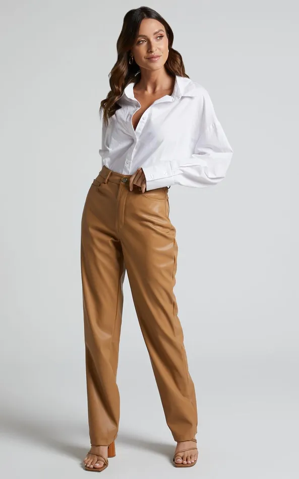 Showpo Dilyenne Pant 8211 Mid Waist Straight Leg Faux Leather Pant In Beige Women Pants Showpo Dilyenne Pant 8211 Mid Waist Straight Leg Faux Leather Pant In Beige Women Pants