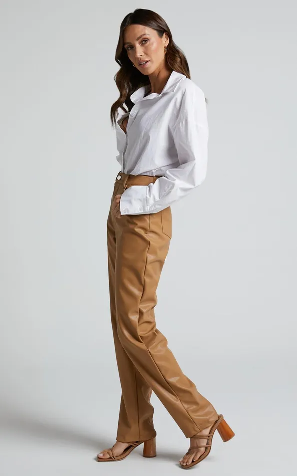 Showpo Dilyenne Pant 8211 Mid Waist Straight Leg Faux Leather Pant In Beige Women Pants