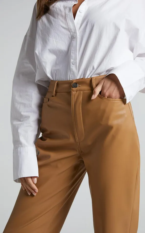 Showpo Dilyenne Pant 8211 Mid Waist Straight Leg Faux Leather Pant In Beige Women Pants
