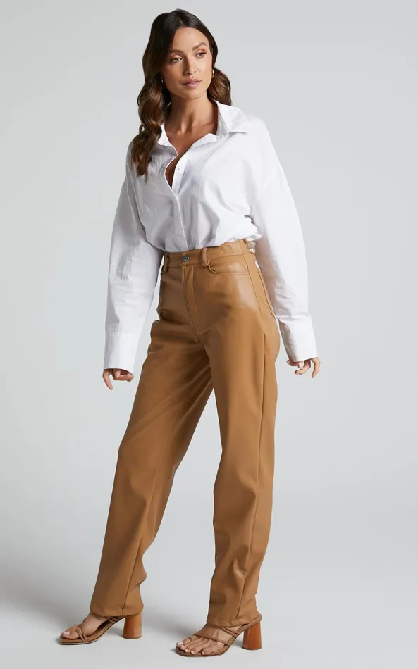 Showpo Dilyenne Pant 8211 Mid Waist Straight Leg Faux Leather Pant In Beige Women Pants