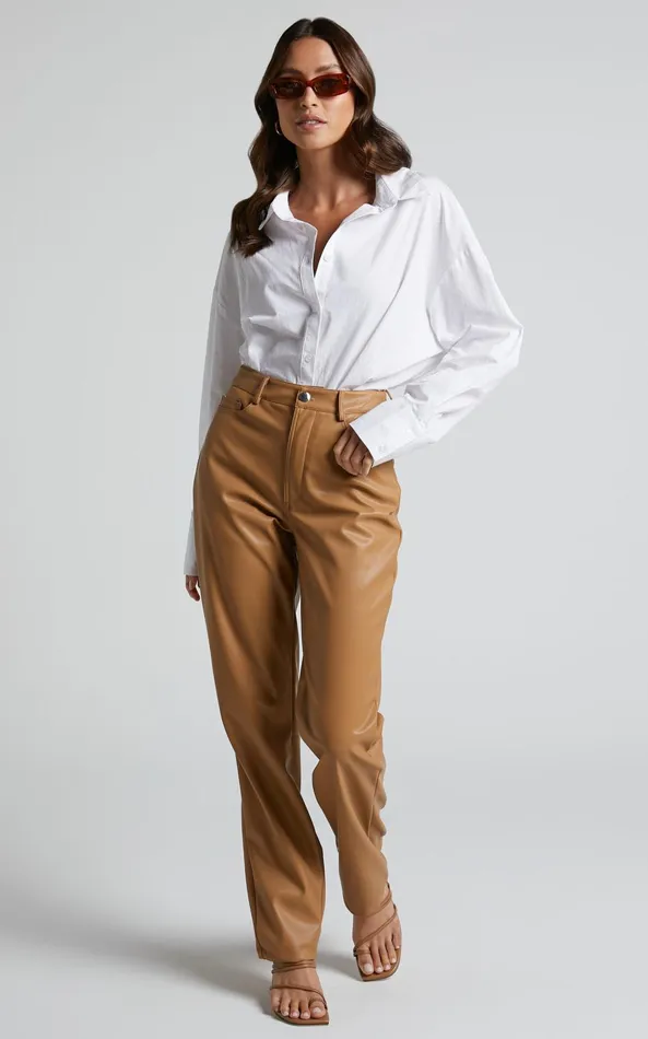 Showpo Dilyenne Pant 8211 Mid Waist Straight Leg Faux Leather Pant In Beige Women Pants