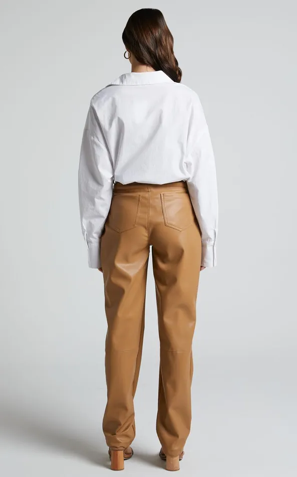 Showpo Dilyenne Pant 8211 Mid Waist Straight Leg Faux Leather Pant In Beige Women Pants