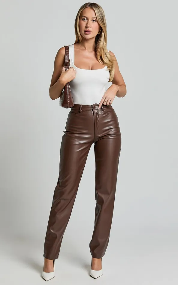 Showpo Dilyenne Pant 8211 Mid Waist Straight Leg Faux Leather Pant In Chocolate Women Pants Showpo Dilyenne Pant 8211 Mid Waist Straight Leg Faux Leather Pant In Chocolate Women Pants