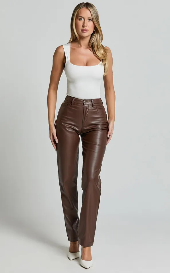 Showpo Dilyenne Pant 8211 Mid Waist Straight Leg Faux Leather Pant In Chocolate Women Pants