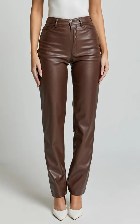 Showpo Dilyenne Pant 8211 Mid Waist Straight Leg Faux Leather Pant In Chocolate Women Pants