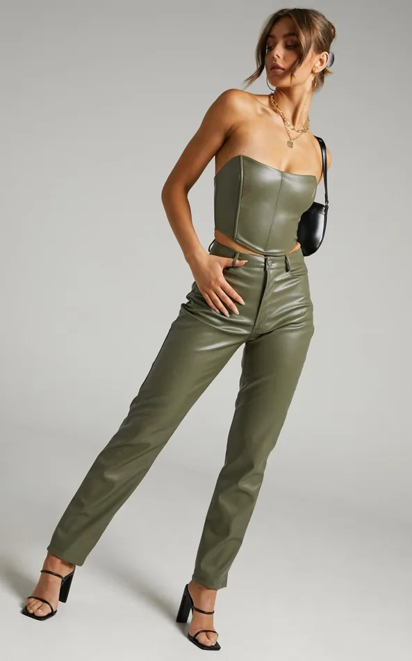 Showpo Dilyenne Pant 8211 Mid Waist Straight Leg Faux Leather Pant In Olive Women Pants Showpo Dilyenne Pant 8211 Mid Waist Straight Leg Faux Leather Pant In Olive Women Pants
