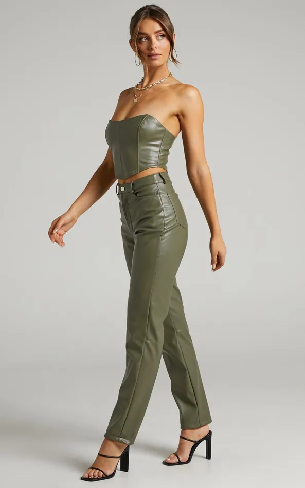 Showpo Dilyenne Pant 8211 Mid Waist Straight Leg Faux Leather Pant In Olive Women Pants