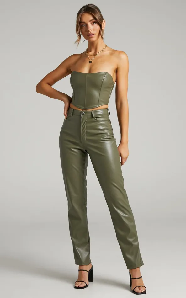 Showpo Dilyenne Pant 8211 Mid Waist Straight Leg Faux Leather Pant In Olive Women Pants