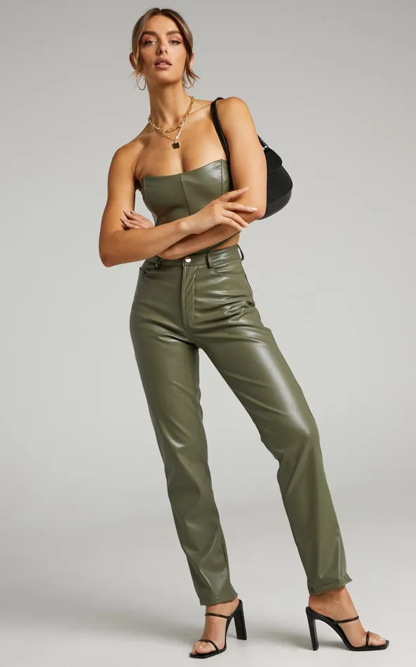 Showpo Dilyenne Pant 8211 Mid Waist Straight Leg Faux Leather Pant In Olive Women Pants
