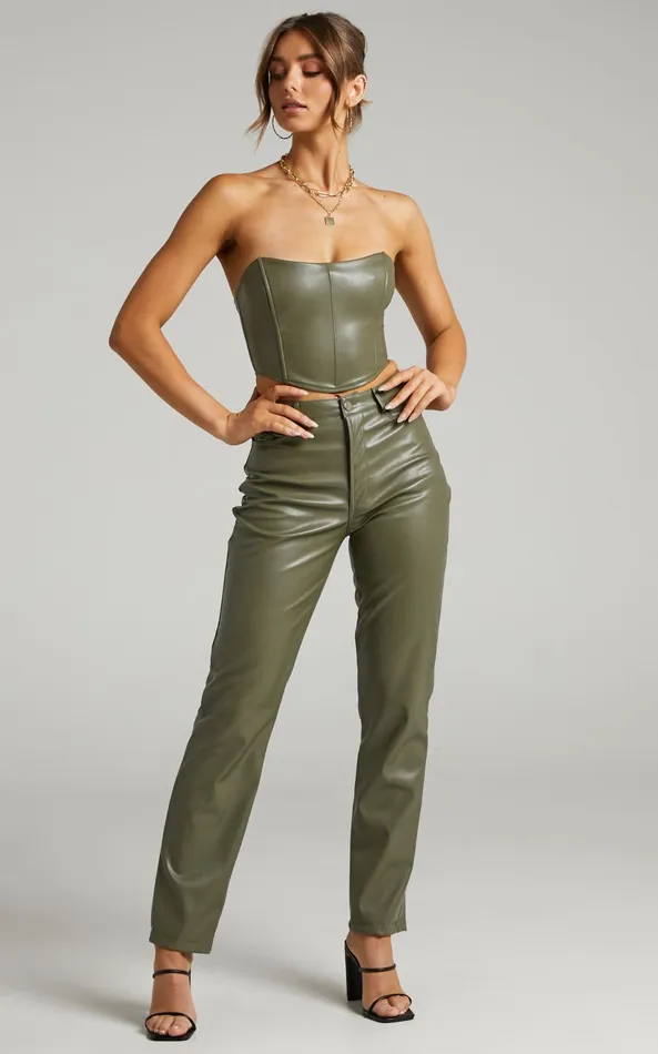 Showpo Dilyenne Pant 8211 Mid Waist Straight Leg Faux Leather Pant In Olive Women Pants