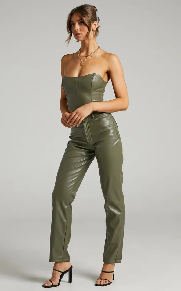 Showpo Dilyenne Pant 8211 Mid Waist Straight Leg Faux Leather Pant In Olive Women Pants