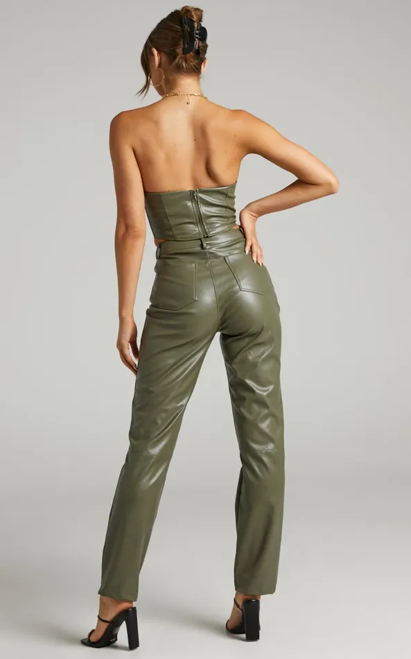 Showpo Dilyenne Pant 8211 Mid Waist Straight Leg Faux Leather Pant In Olive Women Pants