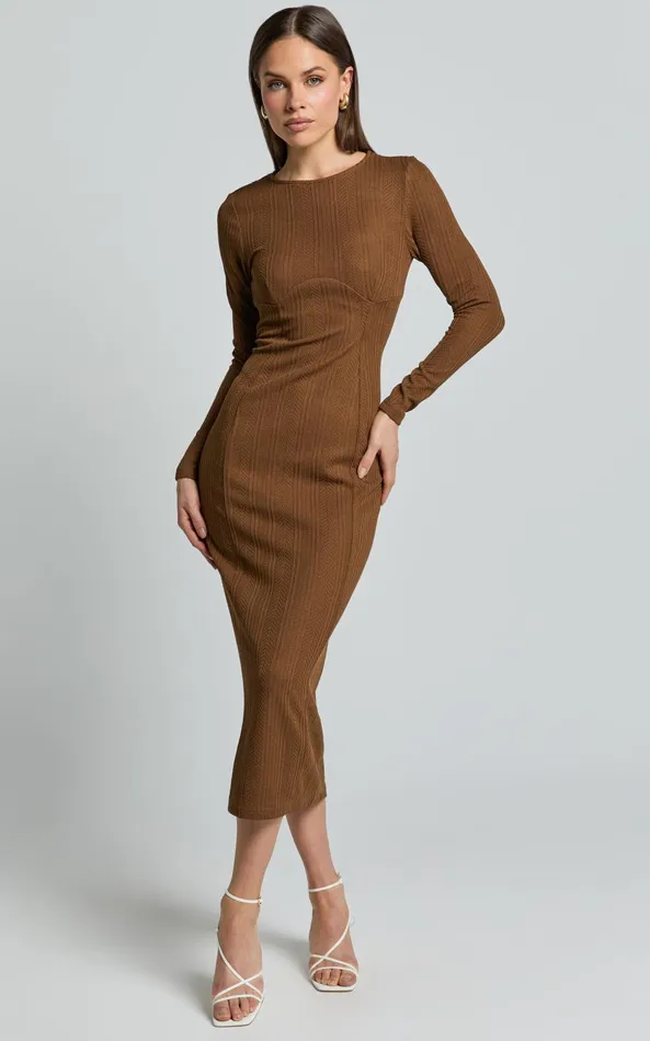 Showpo Divina Midi Dress 8211 Long Sleeve A Line Knit Dress In Brown Women Dresses Showpo Divina Midi Dress 8211 Long Sleeve A Line Knit Dress In Brown Women Dresses