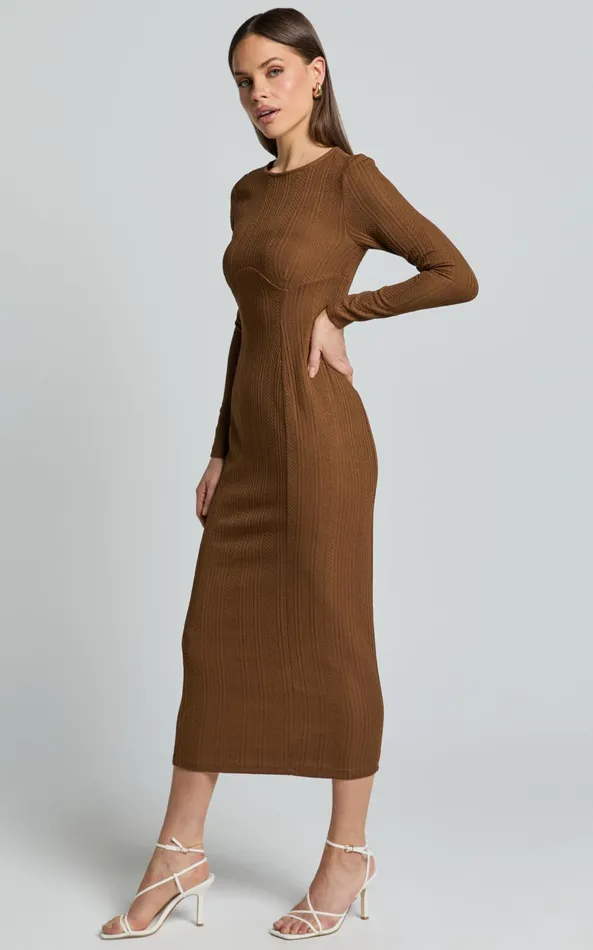 Showpo Divina Midi Dress 8211 Long Sleeve A Line Knit Dress In Brown Women Dresses