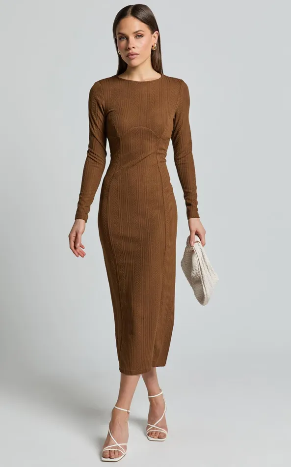Showpo Divina Midi Dress 8211 Long Sleeve A Line Knit Dress In Brown Women Dresses