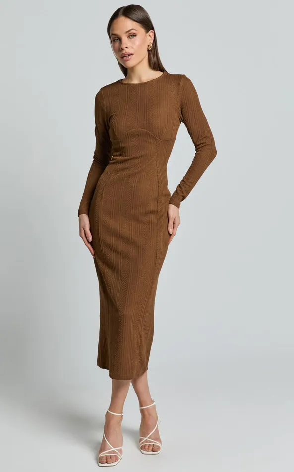 Showpo Divina Midi Dress 8211 Long Sleeve A Line Knit Dress In Brown Women Dresses