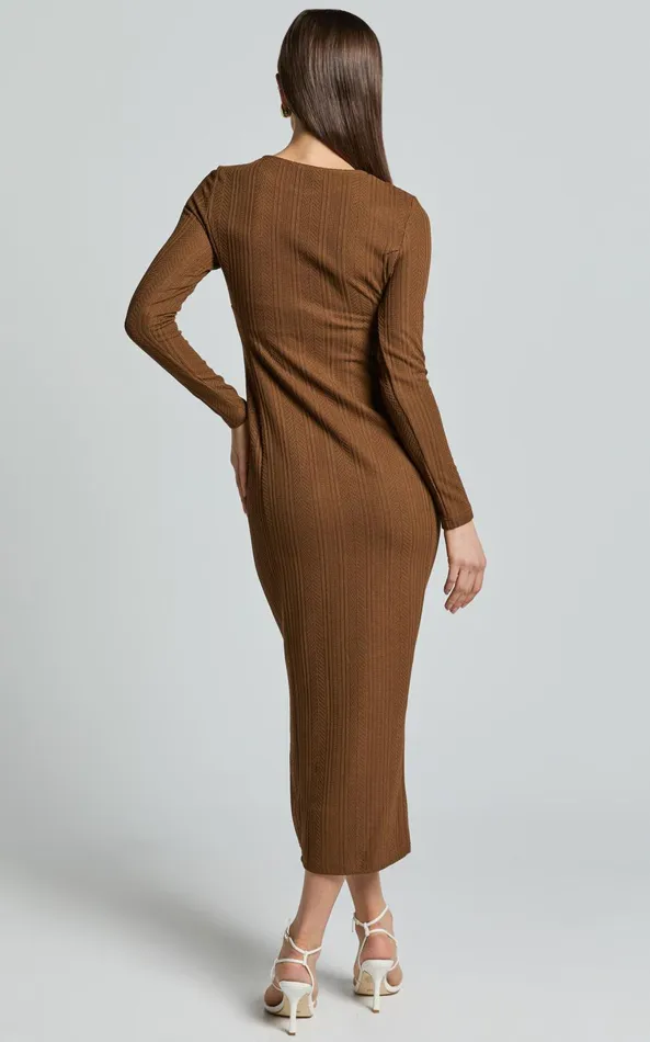 Showpo Divina Midi Dress 8211 Long Sleeve A Line Knit Dress In Brown Women Dresses