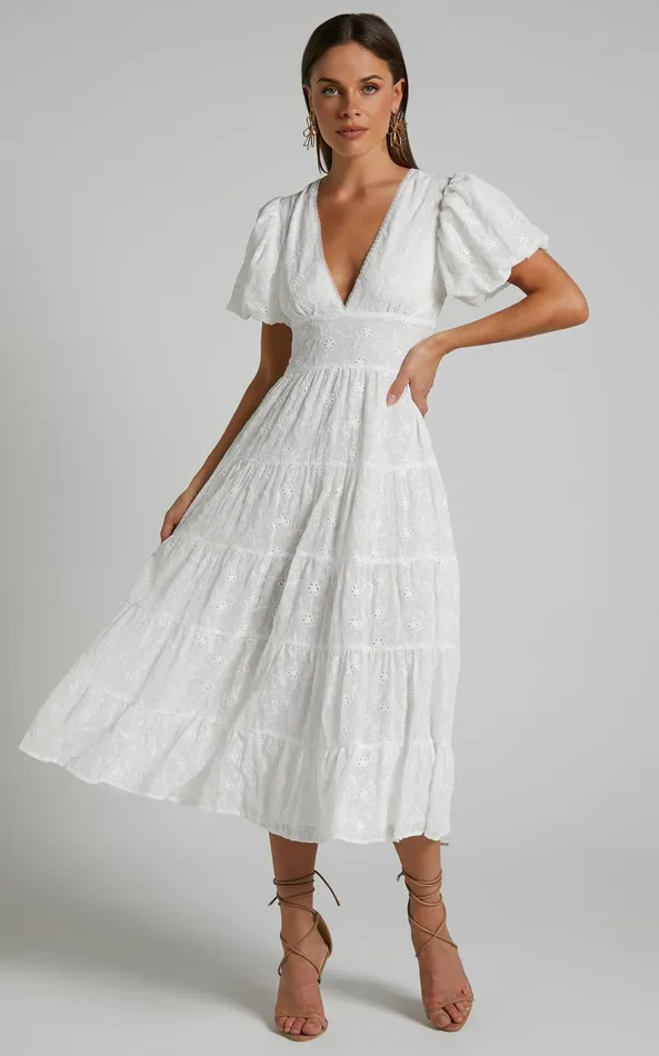 Showpo Divora Midi Dress 8211 Plunge Balloon Sleeve Tiered Dress In Ivory Women Curve Clothes Showpo Divora Midi Dress 8211 Plunge Balloon Sleeve Tiered Dress In Ivory Women Curve Clothes
