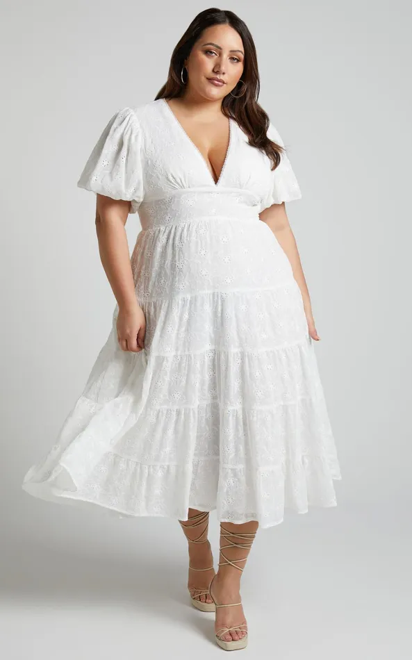 Showpo Divora Midi Dress 8211 Plunge Balloon Sleeve Tiered Dress In Ivory Women Curve Clothes