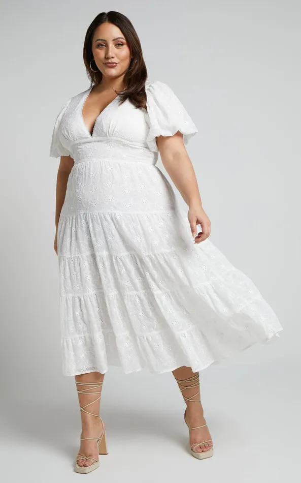 Showpo Divora Midi Dress 8211 Plunge Balloon Sleeve Tiered Dress In Ivory Women Curve Clothes