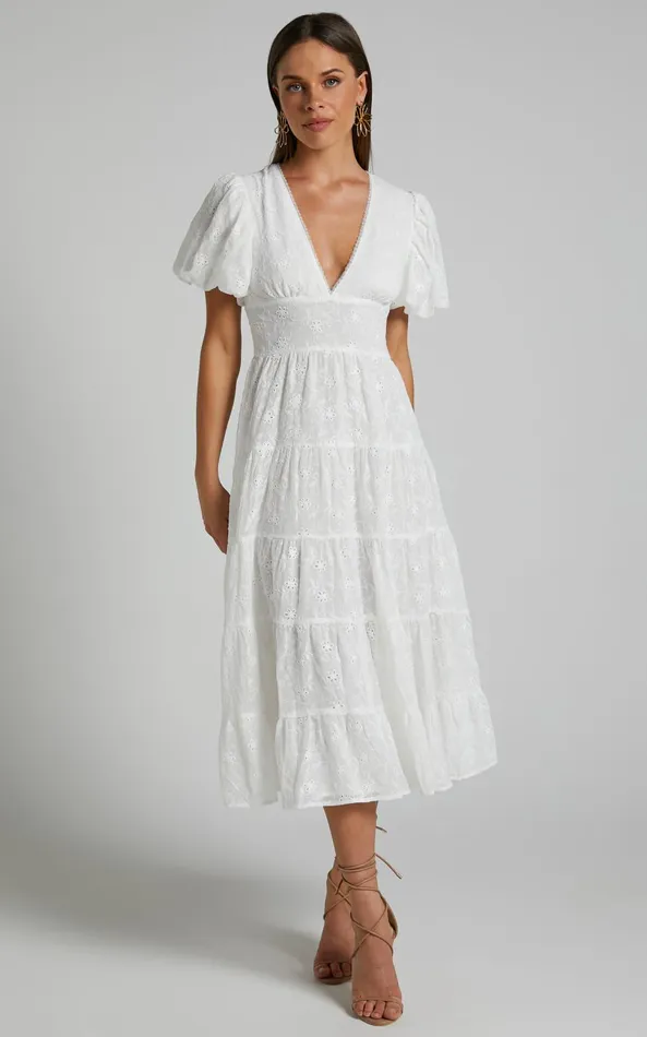 Showpo Divora Midi Dress 8211 Plunge Balloon Sleeve Tiered Dress In Ivory Women Curve Clothes