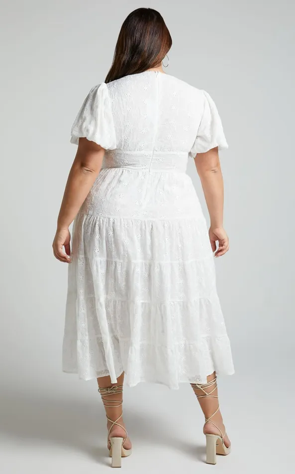 Showpo Divora Midi Dress 8211 Plunge Balloon Sleeve Tiered Dress In Ivory Women Curve Clothes