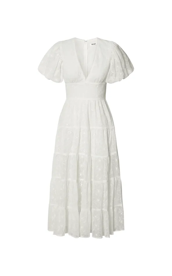 Showpo Divora Midi Dress 8211 Plunge Balloon Sleeve Tiered Dress In Ivory Women Curve Clothes