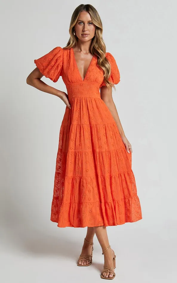 Showpo Divora Midi Dress 8211 Plunge Balloon Sleeve Tiered Dress In Orange Women Dresses Showpo Divora Midi Dress 8211 Plunge Balloon Sleeve Tiered Dress In Orange Women Dresses