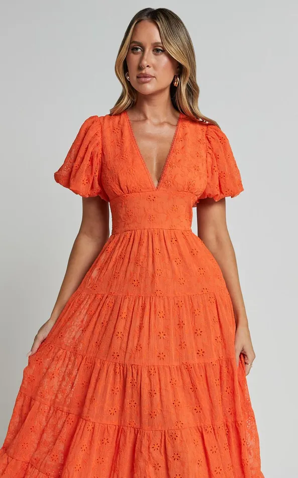 Showpo Divora Midi Dress 8211 Plunge Balloon Sleeve Tiered Dress In Orange Women Dresses