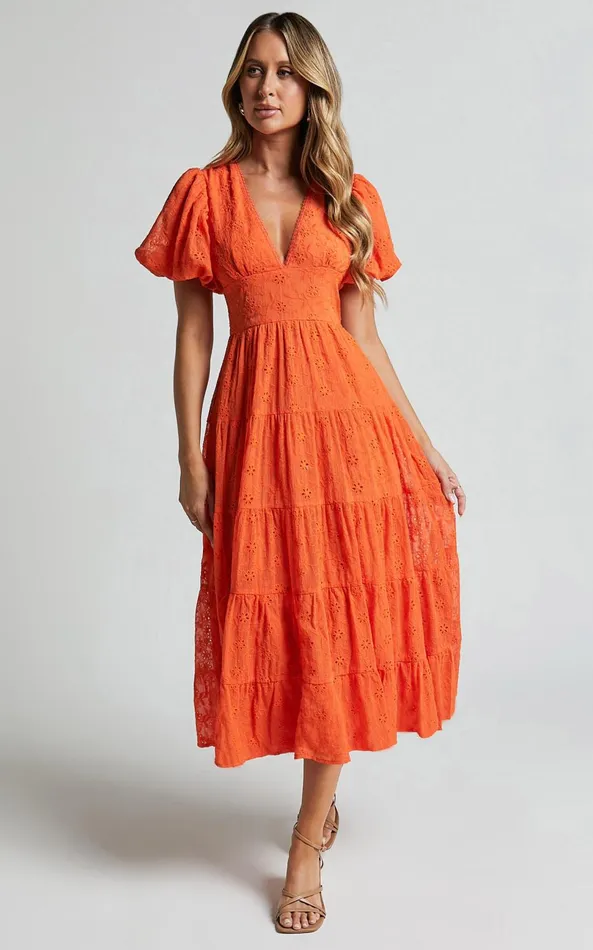 Showpo Divora Midi Dress 8211 Plunge Balloon Sleeve Tiered Dress In Orange Women Dresses