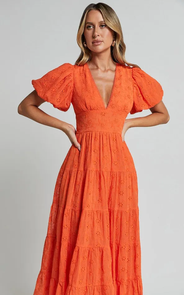 Showpo Divora Midi Dress 8211 Plunge Balloon Sleeve Tiered Dress In Orange Women Dresses