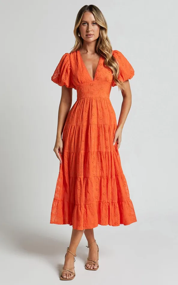 Showpo Divora Midi Dress 8211 Plunge Balloon Sleeve Tiered Dress In Orange Women Dresses