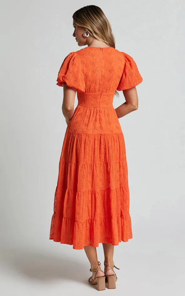 Showpo Divora Midi Dress 8211 Plunge Balloon Sleeve Tiered Dress In Orange Women Dresses