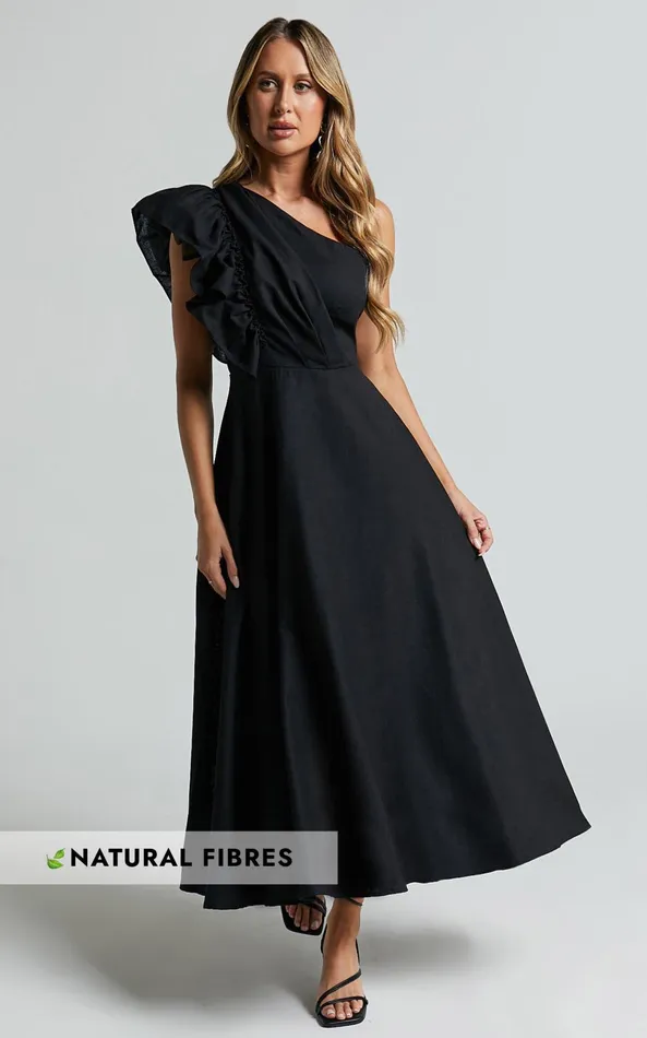 Showpo Dixie Midi Dress 8211 Linen Look One Shoulder Ruffle Dress In Black Women Dresses Showpo Dixie Midi Dress 8211 Linen Look One Shoulder Ruffle Dress In Black Women Dresses