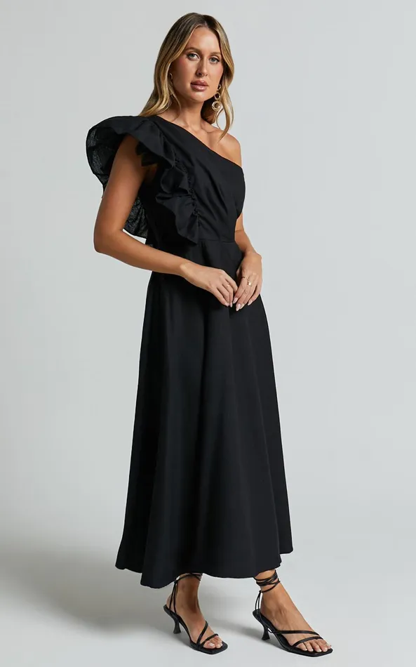 Showpo Dixie Midi Dress 8211 Linen Look One Shoulder Ruffle Dress In Black Women Dresses