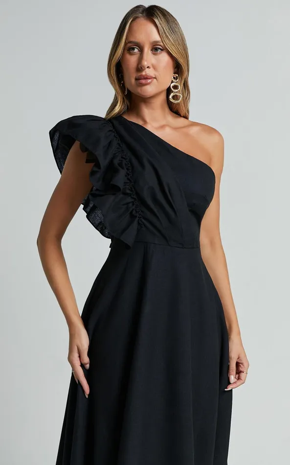 Showpo Dixie Midi Dress 8211 Linen Look One Shoulder Ruffle Dress In Black Women Dresses