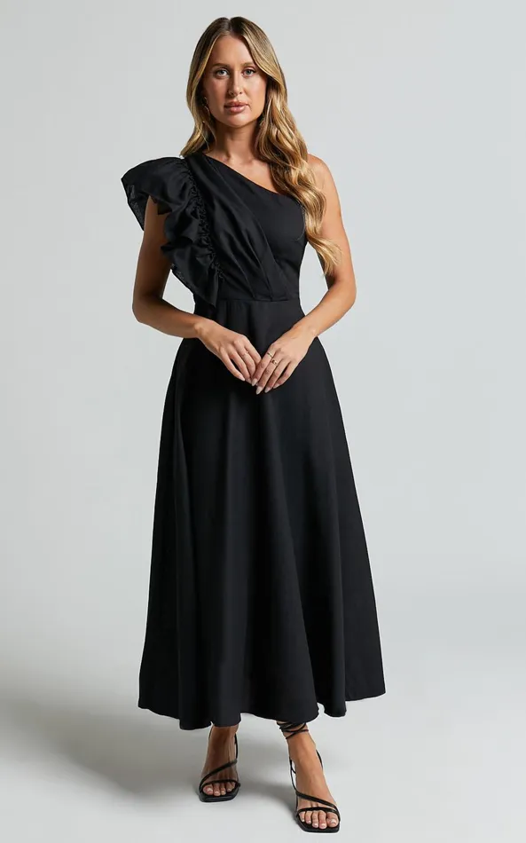 Showpo Dixie Midi Dress 8211 Linen Look One Shoulder Ruffle Dress In Black Women Dresses